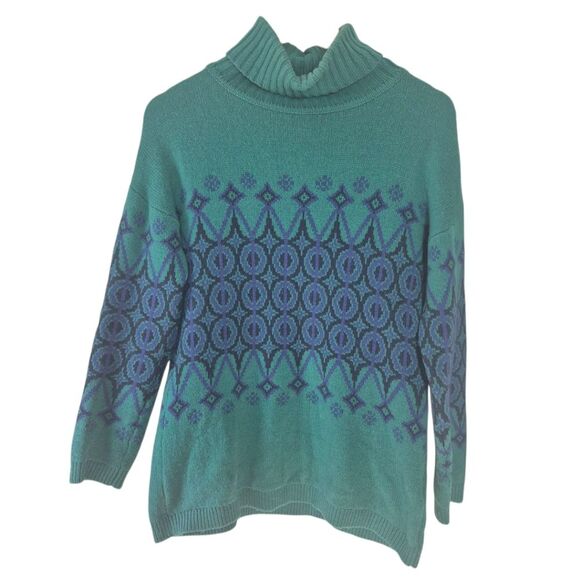 Boden Green and Blue Cowl Neck Sweater with Geometric Pattern Wool Size Medium - Picture 1 of 6